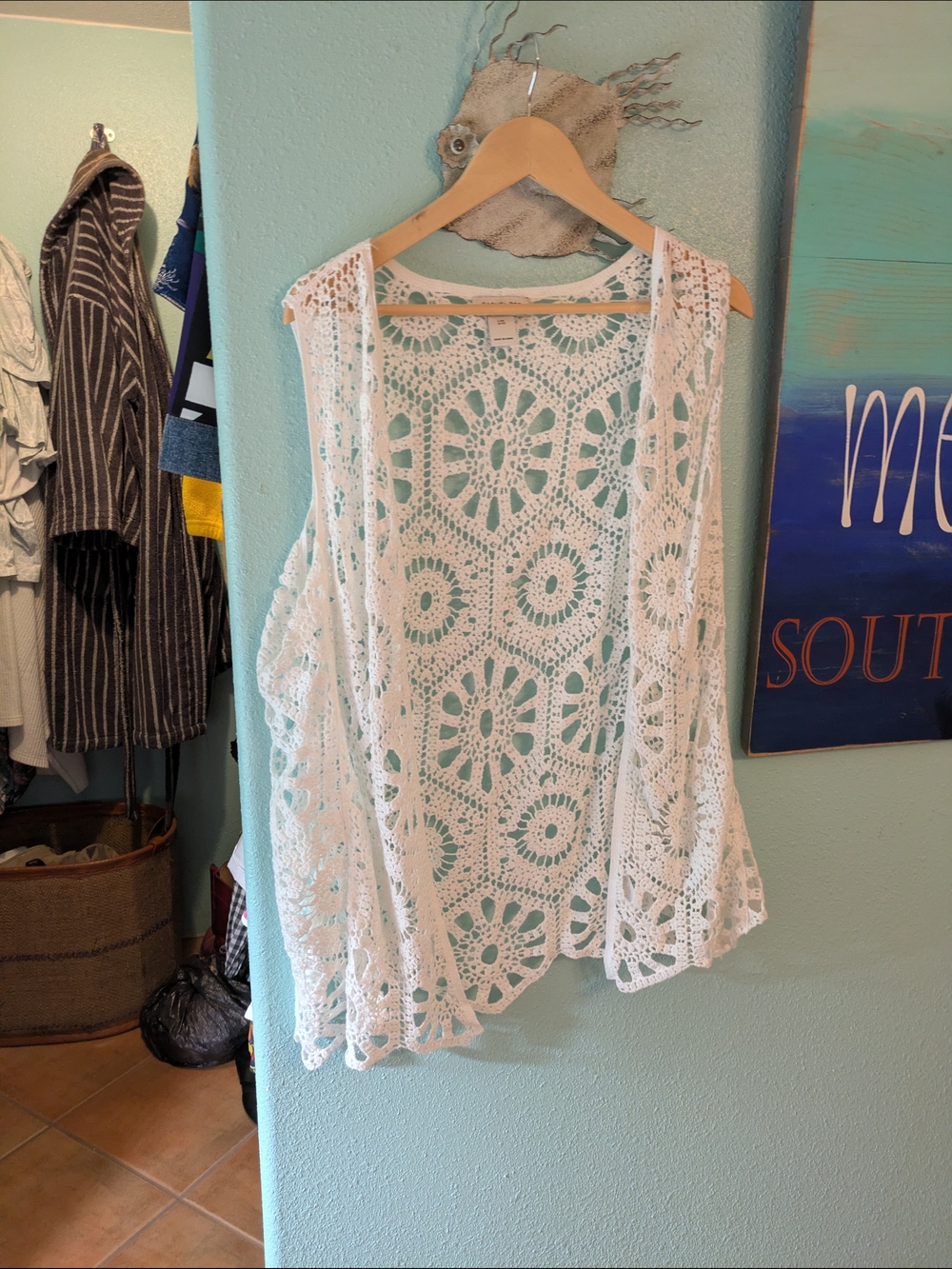 Rachel Zoe White Crochet Open Cardigan Vest